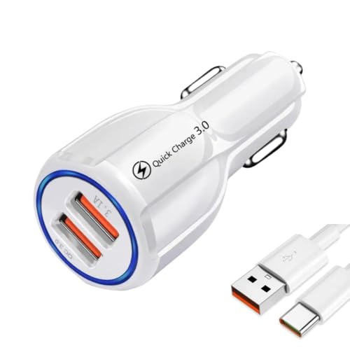 Caricabatterie Auto Rapido 2 USB, Compatibile con Smartphone e Tablet, Adattatore Accendisigari con Tecnologia di Ricarica Rapida QC3.0, Universale e Sicuro, cavo di carica. Caricatore Auto 2 USB.