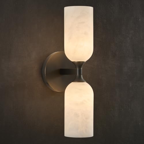 Oil Rubbed Bronze Alabaster Sconce: 14" Unique Antique Hardwired Cylinder Alabaster Retro Black Aged Brass Marble Bathroom Vanity Wall Light - Indoor Vintage Sconces for Living Room Hallway