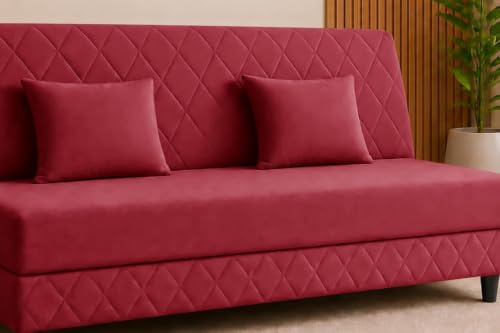 Image of Deco Studio 3 Seater Sofa Bed | Premium Upholstered Velvet Fabric Folding Couch for Living Room, Guest Room & Bedroom | Quilted Backrest with 2 Cushions (Red)