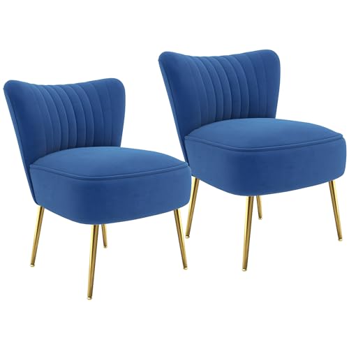 HOMCOM Velvet Armless Accent Chairs Set of 2, Upholstered Lounge Chairs with Gold Tone Steel Legs, Modern Tufted Wingback Chairs for Bedroom, Living Room, Dark Blue