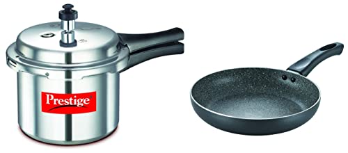 Image of Prestige Popular Aluminium Pressure Cooker, 3 Litres, Silver & Aluminium Omega Deluxe Granite Fry Pan, 280 mm, Black (36306)