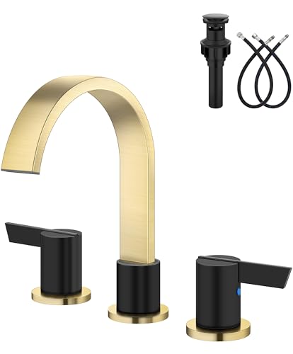 Aolemi 3 Hole Bathroom Faucet, 8 Inch Widespread Waterfall Sink Faucet, 2 Handle Vanity Faucet with Pop Up Drain and Supply Lines, Brushed Gold and Matte Black