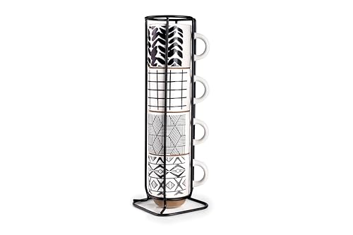 IBILI - Set de 4 mugs Marken et support métallique, 4 tasses en grès de 130 ml