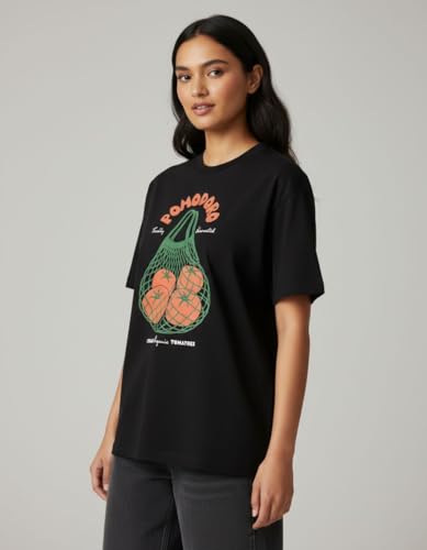 Image of Oversized Cotton T-Shirt for Women Half Sleeve Pomodoro Printed Tee - Breathable Loose Fit Asthetic Casual Wear for College and Daily Ou Outfits, Streetwear