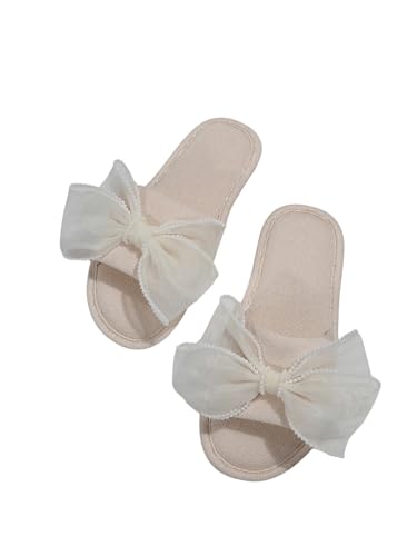 OYOANGLE Women's Lace Bow Decor Open Toe Bedroom Slippers Slip on Slides Comfy Indoor Home Slippers