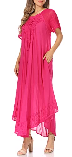 Image of Sakkas Egan Long Embroidered Caftan Dress /Cover Up with Embroidered Cap Sleeves