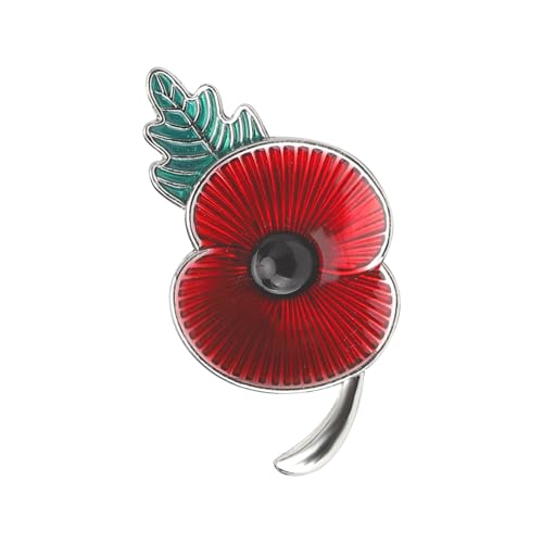 DAWRIS Red Poppy Pin Poppy Badge Poppy Badges and Pins Poppy Brooches for Women Remembrance Pin Badges Poppy Pin Badge Enamel with Green Leaf Alloy Remembrance Day Pin Badges (Silver)