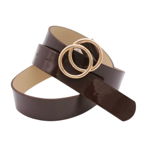 Women Fashion Chocolate Brown Faux Patent Leather Belt Gold Metal Circles Buckle Size M L