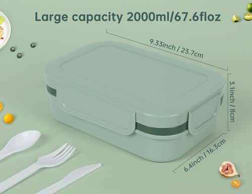 HappyRhino Bento Box Adult Lunch Box for Women - 2000ml Double Layer Leak-Proof, 4+4 Compartment, With Fork & Spoon, BPA Free, Microwave Dishwasher Safe (Green)