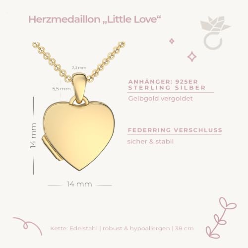 Kinder Herz Medaillon zum Öffnen für Bilder vergoldet | Kette Halskette Mädchen | Medallion aufklappbar mit Bild | Amulett Anhänger Herzmedaillon mit Foto | Geschenk für Kinder zur Taufe Einschulung