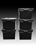 Solent Plastics Pack of 5 Boxes x Large BLACK Heavy Duty Attached Lid Storage Box - 80 Litre Capacity (71 x 46 x 36.8cm)