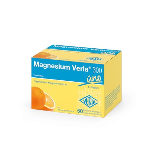 Magnesium Verla 300 Orange 300 mg hochdosiertes Magnesium in Form von Magnesiumcitrat bei erhöhtem Magnesiumbedarf als Trinkgranulat mit fruchtigem Orangengeschmack gluten- & laktosefrei 50 St
