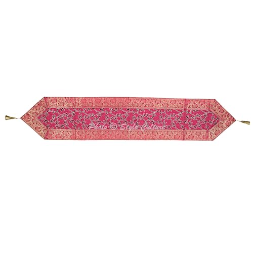 Image of Ari Zari Embroidered Table Runner Indian Decorative 6 Feet Magenta & Purple Banarsi Brocade Satin Ethnic Long Runner Up with Tassels Living Room Tablecloth