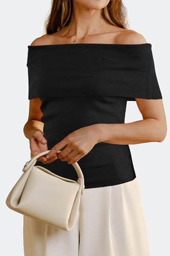 Arach&Cloz Women's Convertible Neckline Off-Shoulder Cowl Neck Slim Fit Tops 20253