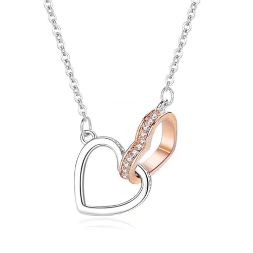 Sterling Silver Heart Necklace for Women, Rose Gold and Silver Jewelry with Natural Rose Quartz, Heart Shaped Pendant, Stylish Crystal Jewelry for Women and Girls