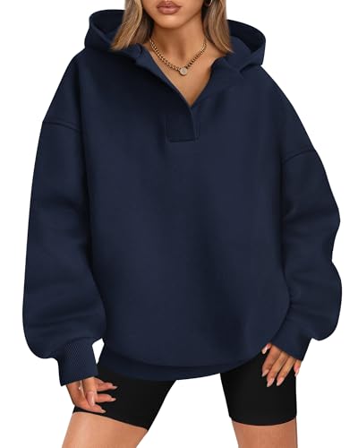 BTFBM Women's Oversized Hoodies Casual Fleece Long Sleeve V Neck Sweatshirts 2025 Trendy Fall Outfits Winter Clothes(Navy, Medium)
