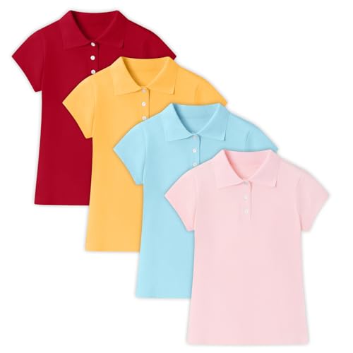 Image of 4 Pack Cotton Girls Polo Shirt Slim Fit for School Uniform Kids Youth Tops