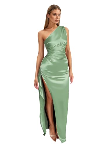 Image of Womens One Shoulder Ruched Side Satin Wedding Guest Dresses Adjustable Straps High Slit Backless Cocktail Maxi Dress