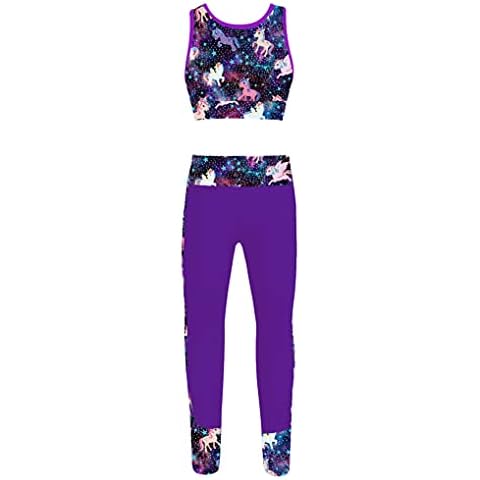 Hansber Kids Girls Printed Crop Tops and Leggings Two Pieces Set Athletic Outfits Dance Gym Yoga Activewears Pegasus Black 9-10 Years Cover