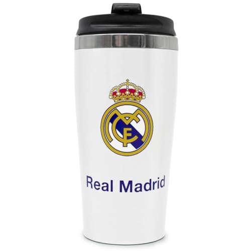 ms móvil shop REAL MADRID Taza Térmica de Café Acero inoxidable | 100% Oficial | Bebidas Frias y Calientes con cierre seguro (Blanco)