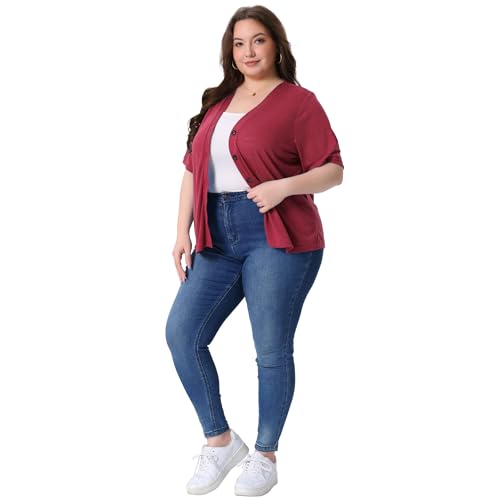 Image of Agnes Orinda Plus Size Cardigan for Women Button Down Sheer Round Neck Short Sleeve Knitted Sweater