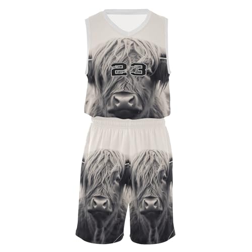 FLildon Highland Cow Boys Basketball Jersey Set Tank Top Shorts Tracksuit Sport Training Suit for Kids, L