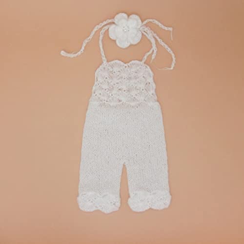 Newborn Monthly Baby Photo Props Flower Headdress Rompers Set for Girls Photography Shoot (White)