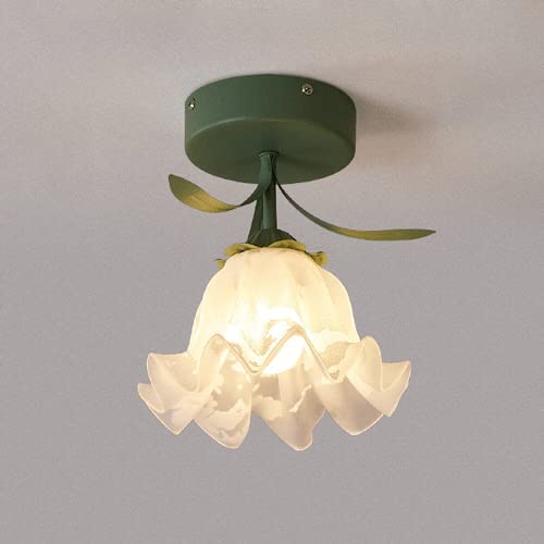 ceiling light bedroom Small Shabby Chic White Flower Glass Shade Flush Mount Fixture for Kitchen Hallway Bathroom Porch(Green,A)