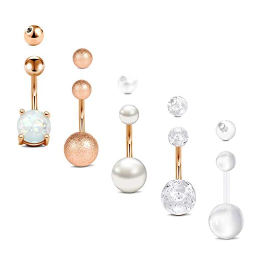 Mayhoop 14G Piercing Nombril 10mm avec Boule Supérieure Acier Inoxydable opaline Zircon Perle 5Pcs Corps Piercing Bijoux Femmes Filles