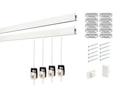 Shades Superior Design Clicktrack Heavy Duty Picture Hanging System Kit (4 Rails 8 Hooks and Clear Cords, White Rails)