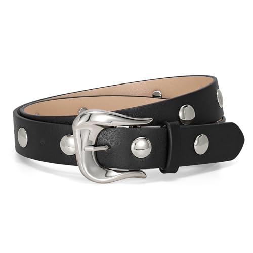 LEACOOLKEY Women Leather Belts for Jeans Dress Fashion Gold Black Leather Belt Women Studded Belt Punk Leather Belt