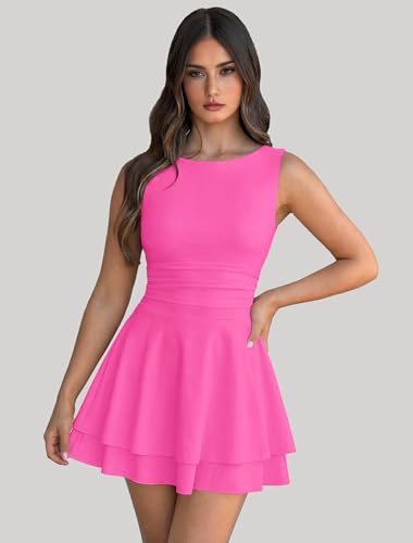 Image of IWD Women's Boat Neck Sleeveless Mini Dress Ruched Waist Flowy Tiered Ruffle Hem A Line Party Short Dresses