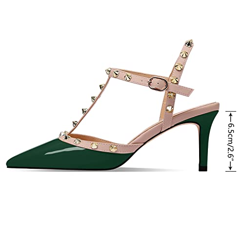 Image of XINIUNIU Studded Heels for Women Kitten Heels with Studs Stiletto Sandals with Rivet Ankle Strap Patent Leather Pointy Toe 2.5 Inch Party Daily Wear Evening Sandals