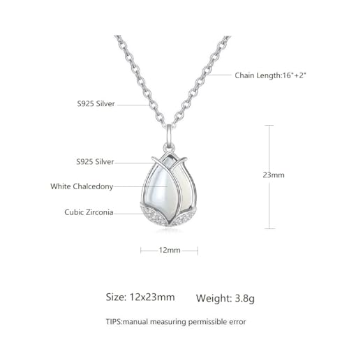 Sterling Silver White Chalcedony Tulip Flower with Little Crystals Pendant Necklace3