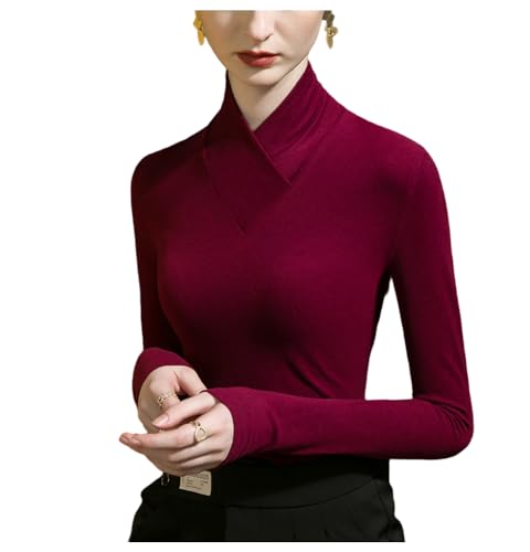 Meufam Women Mock Neck Baselayer Ultra Soft Long Sleeve Undershirt Lightweight Solid Color Basic Slim Tops Blouse Shirts (Wine red,Medium,Medium,Female,Adult,US,Alpha,Regular,Regular)