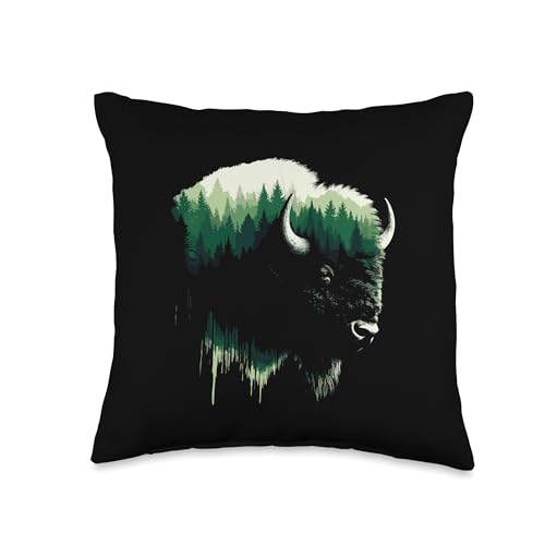 Retro Buffalo Gifts For Sunset Lovers American Bison-Vintage Forest Buffalo Bull Lover Throw Pillow, 16x16, Multicolor