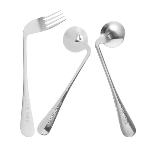 ROMISBABA Linkshänder Besteckset Edelstahl Gebogenes Essbesteck mit Abgewinkeltem Löffel und Gabel für Senioren Selbstfütterung Rutschfest...