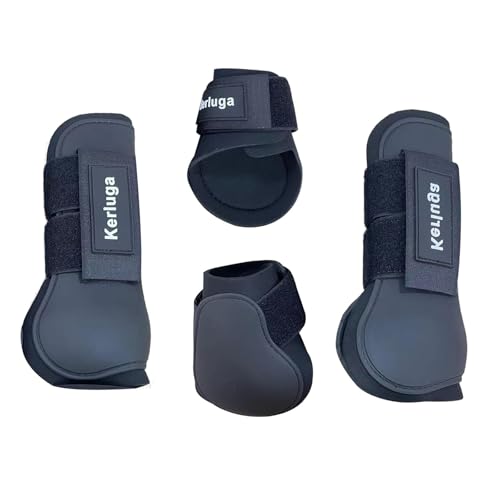 Horse Boots Set of 4 Open Front & Fetlock Tendon Boot for Horses Professional Sport Protection Impact-Absorbing Equine Leg Support Wraps for Jumping, Riding, Training (Black, Full)