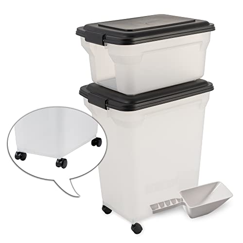 Iris Ohyama Contenedor de Comida para Mascotas, Juego de 2, 20 L y 45 L para 7.5 y 15 kg, Tapa abatible, hermética, Transparente, Ruedas y Pala - Air Tight Food Container ATS-C - Negro Cover