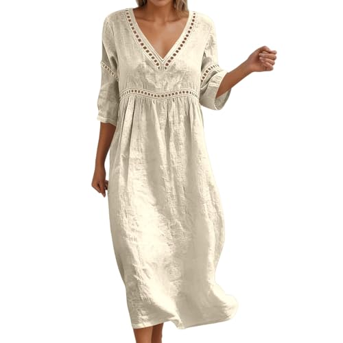 Robe mi-longue en coton et lin pour femme coupe droite casual