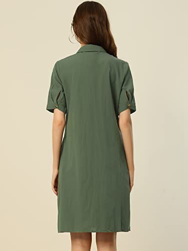 Image of Allegra K Women's Safari Dress Collared Short Sleeve Cotton Belted Button Down Shirt Dresses