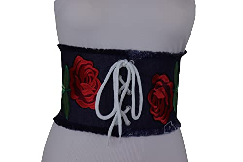 Women Dark Blue Fashion Belt - Denim Fabric Wide Waistband High Waist Corset Tie Red Rose Flower Size S/M2
