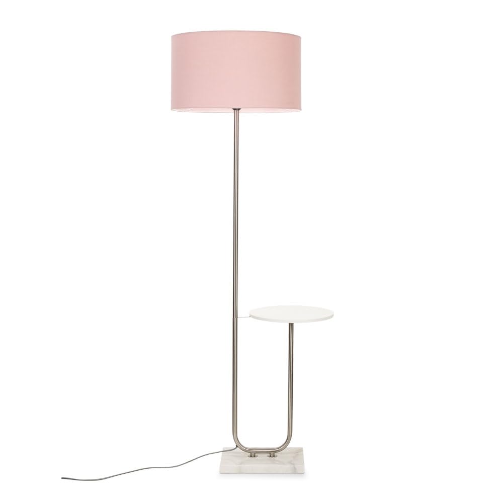 MiniSun | Large Brushed Chrome Curved Stem Marble Standing Light with Blush Shade | Home Décor, Bedside & Desk Lamp