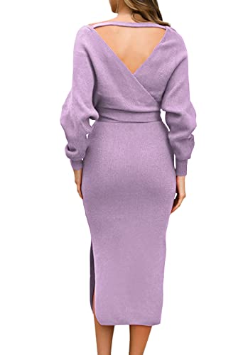 Image of Viottiset Women's V Neck Long Batwing Sleeve Wrap Midi Knit Sweater Dress Elegant Backless with Belt Slit