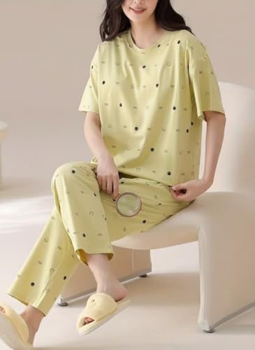 Image of SHIENZY Women Korean Style Night Suit | Round Neck Short Sleeve Cute Printed Cotton Pajama Set for Girls & Women | Soft Nightwear, Loungewear, Sleepwear for Women | Full Pyjama Set | Co-ord Set