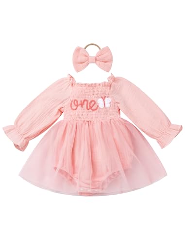 AWIBMK Baby Girl 1st Birthday Outfits Cake Smash Long Sleeve Smocked Butterfly Strawberry Romper Dress Headband Set