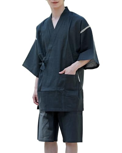 GIORNO SEVEN Men's Japan Kimono Jimbei SIJIRAORI Jinbei Set Yukata Loungewear Bathrobe men's robe E-Charcoal L