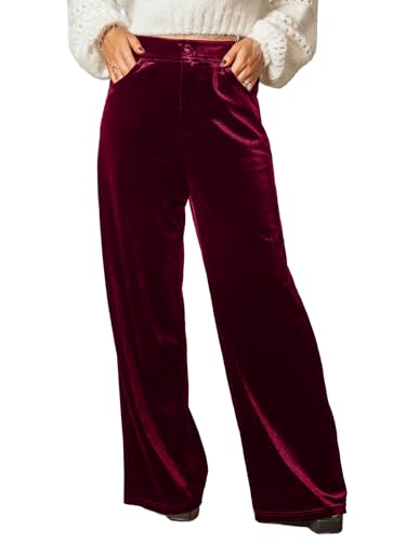 CUPSHE Burgundy Velvet Pants for Women Dressy Women Casual Wide Leg Pants Stretchy High Waisted Velour Palazzo Pants Red M