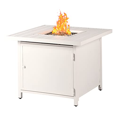 Image of Square 32 in. x 32 in. Aluminum Propane Fire Pit Table with Glass Beads, Two Covers, Lid, 37,000 BTUs in White Finish
