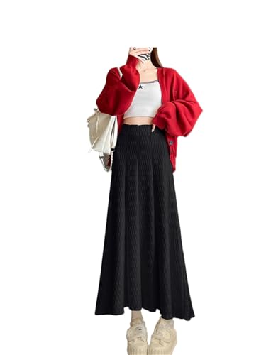 Women Vintage Elegant A-Line Skirt Fall Winter Classic Long High Waisted Knit Skirt Black L